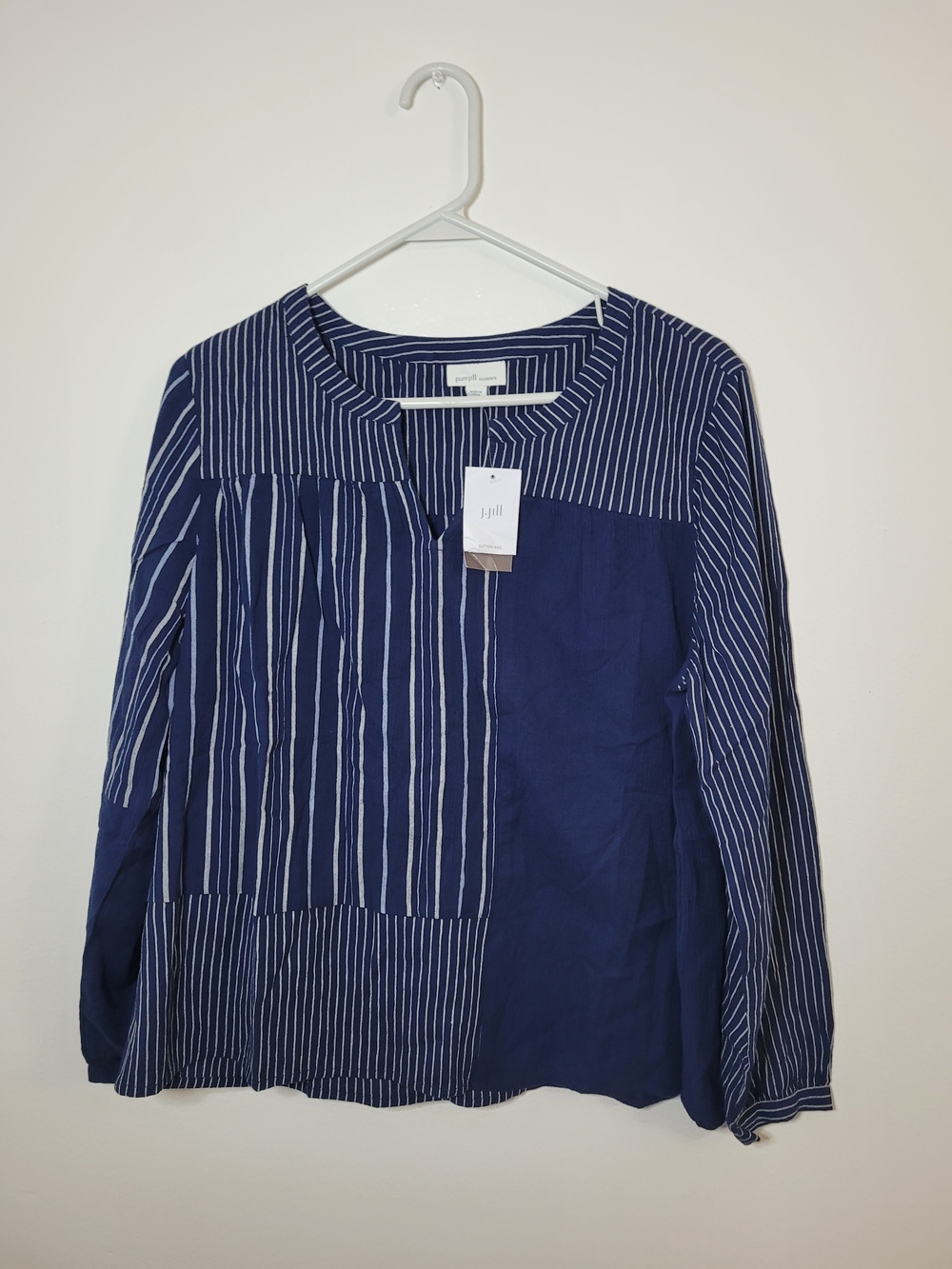 Pure Jill Elements Blue Stripe Popover V-Neck Blouse Size Medium Petite BNWT